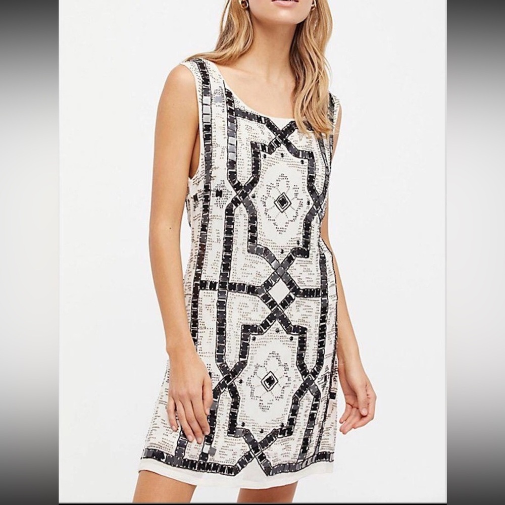 Hand Beaded Geometric Sleeveless Shift Dress - Cream & Black